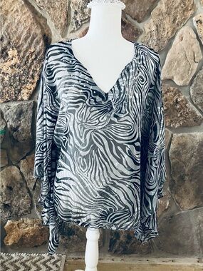 George Black & White Zebra-Print Sheer Blouse